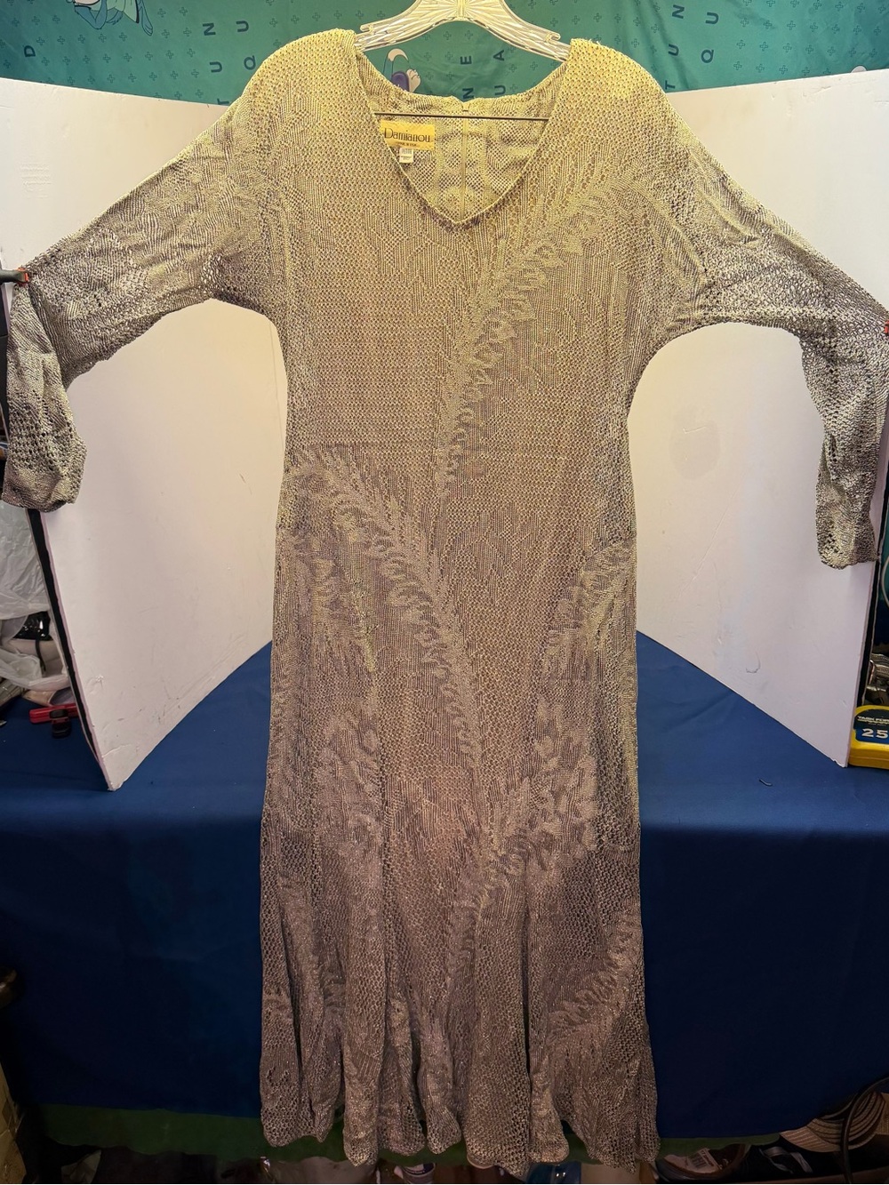 Vintage Damianou 80s Gold Metallic Knit Dress Stretch Gatsby Flapper. Petite.